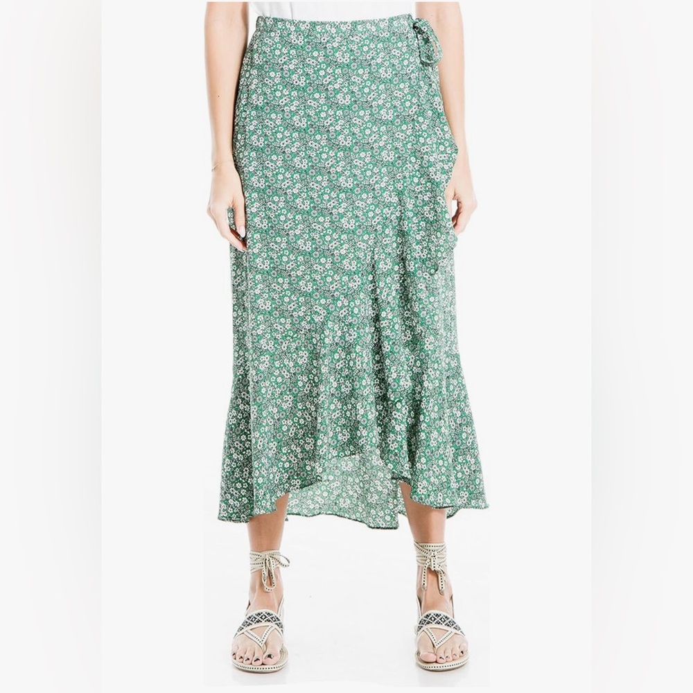 NWOT Max Studio Green Floral Maxi Wrap Skirt High Low Hem‎ Large